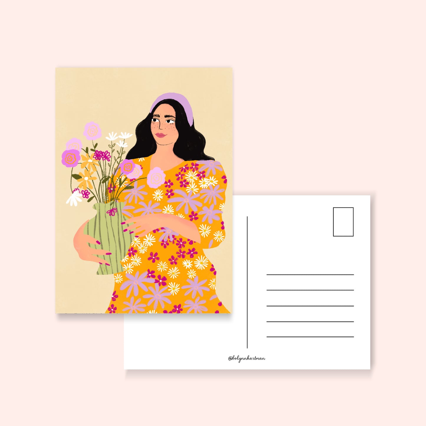 meisje met vaas bloemen - ansichtkaart